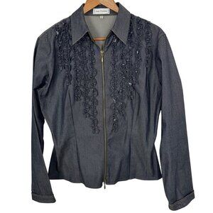 Anne Fontaine Denim Jacket Ruffle Zip Up Size 5 Quiet Luxury Designer Casual EUC